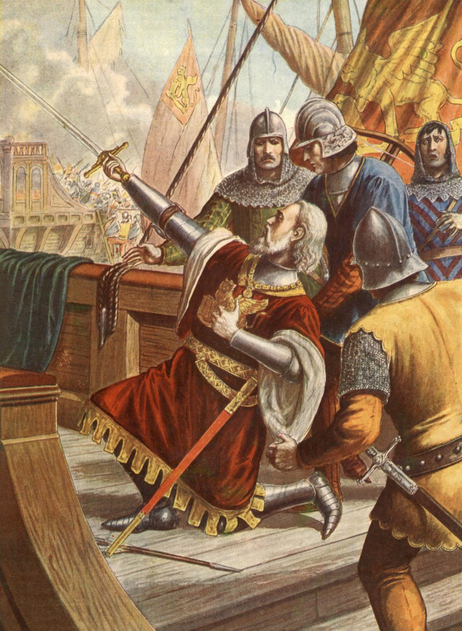 Italský admirál Luciano Doria zabitý v roce 1379 během války mezi Benátkami a Janovem, ilustrace, 30. léta 20. století od Tancredi Scarpelli