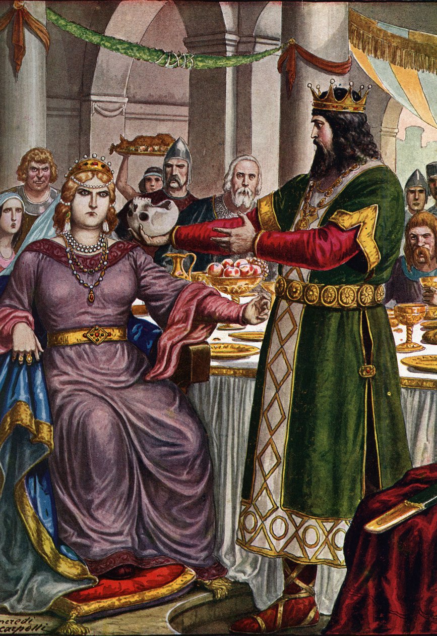 Lombardský král Alboin (asi 526- 572) nutí svou manželku, gepidní princeznu Rosemondu (zemřela 572), aby se na hostině v italské Veroně napila z poháru vytvořeného lebkou jeho otce Cunimonda (Rosamunda (nebo Rosamunda) a její manžel Alboin, král Lombardů,  od Tancredi Scarpelli