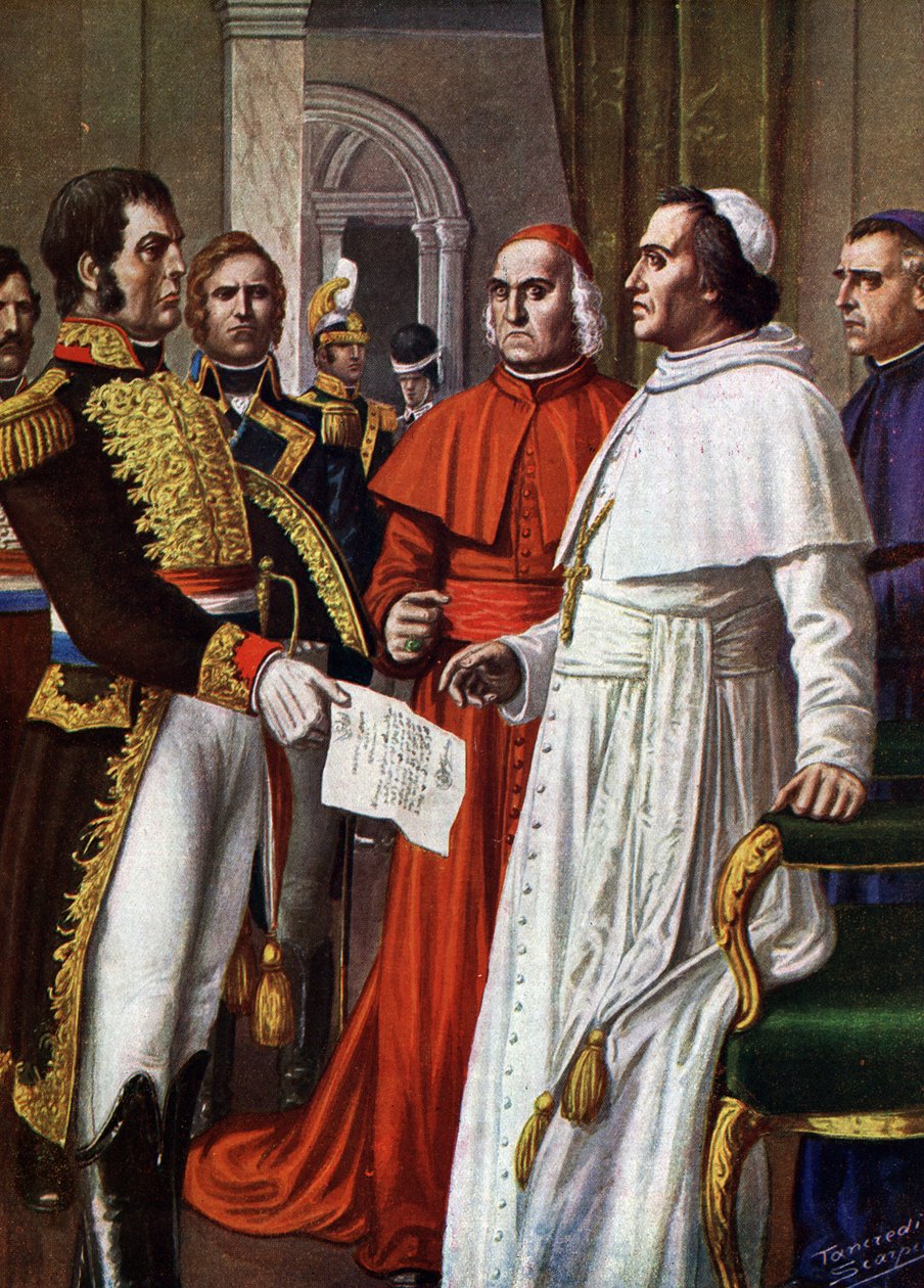 Papež Pius VII., vězeň na hradě Fontainebleau, souhlasil s podpisem 25.1.1813 konkordátu z Fontainebleau (1813), kterým se vzdal své dočasné suverenity, části své duchovní autority (papež Pius VII. omezený ve Francii v zámku od Tancredi Scarpelli