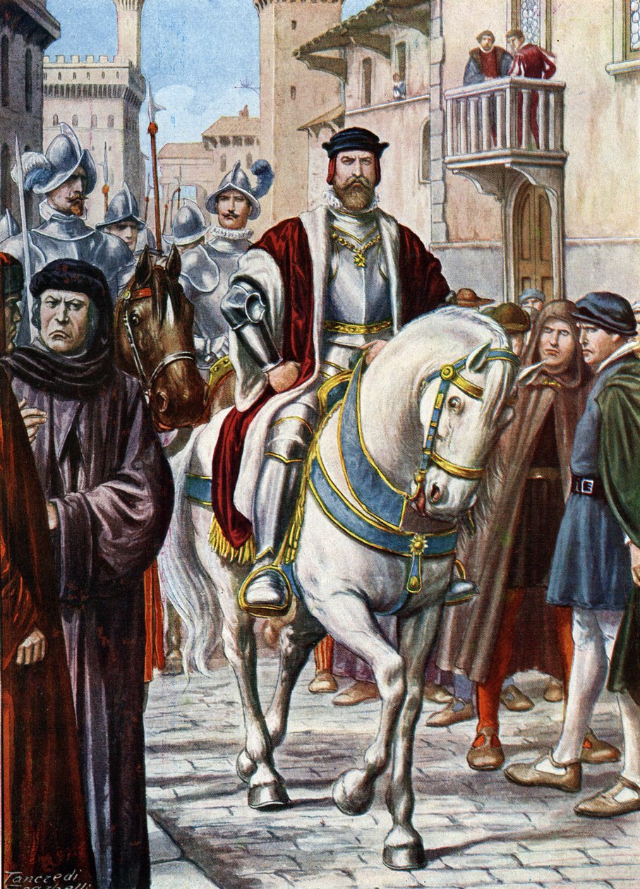 Portrét Cosima (Come) I. z Toskánska (Cosimo de Medici) (1519-1574), obíhající ulicemi Florencie, obklopený členy své milice složené ze španělských a německých vojáků (Portrét Cosima I. de Medici, velkovévody toskánského , chráněný od Tancredi Scarpelli