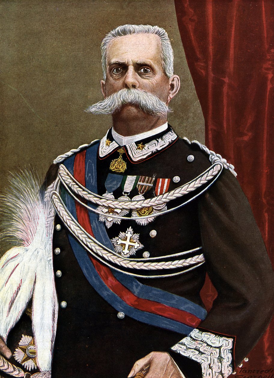 Portrét italského krále Humberta I. (Umberto I.) (1844-1900) Ilustrace Tancredi Scarpelli (1866-1937) z „Storia d