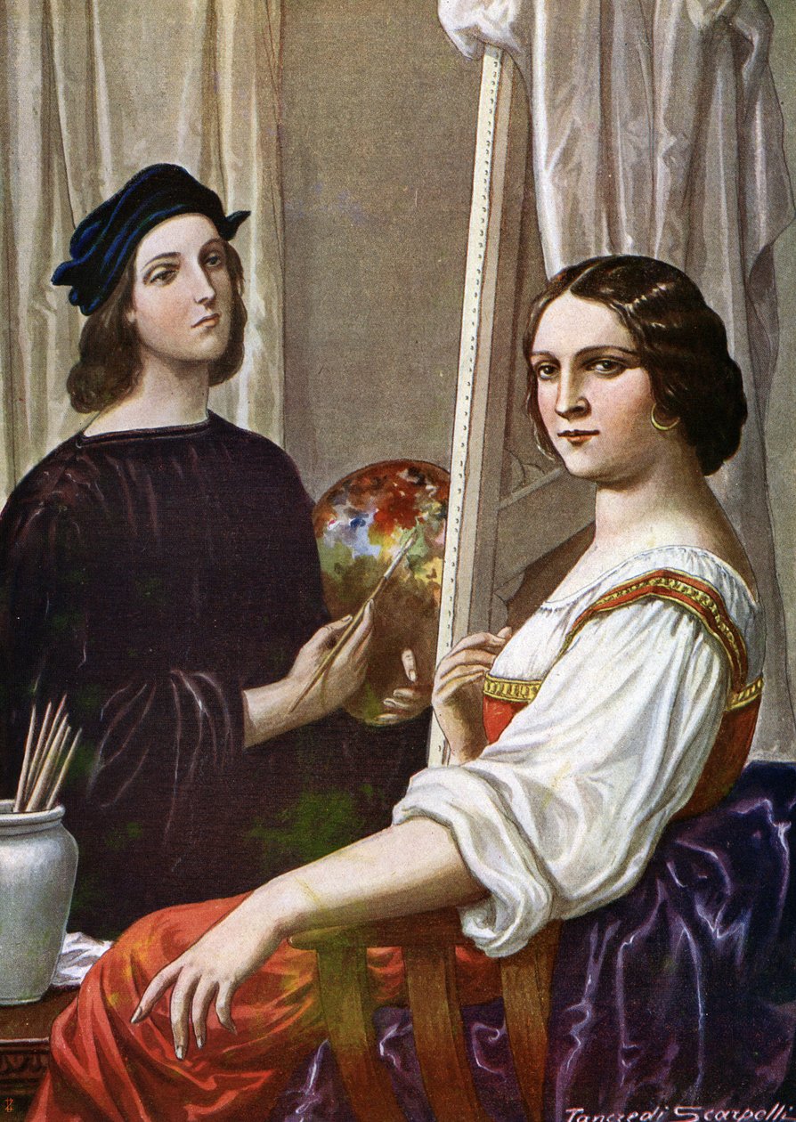 Portrét malíře Raphaela (Raffaello Sanzio 1483 - 1520) malující Fornarinu (italský malíř Raphael a slečna zvaná Fornarina) Ilustrace Tancredi Scarpelli (1866-1937) ze „Storia d