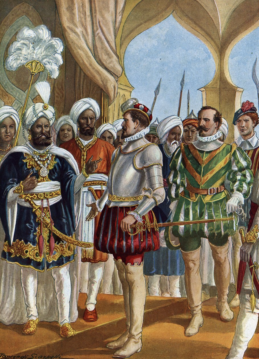 Portugalský mořeplavec Pedro Alvares Cabral (1460-1526) na dvoře krále (Zamorina) z Calicut (Kozhikode) dne 13. 9. 1500 vyjednat zřízení pultu, Indie (portugalský mořeplavec Pedro Alvares Cabral vyjednávající se Zamorinem v r. Cali od Tancredi Scarpelli