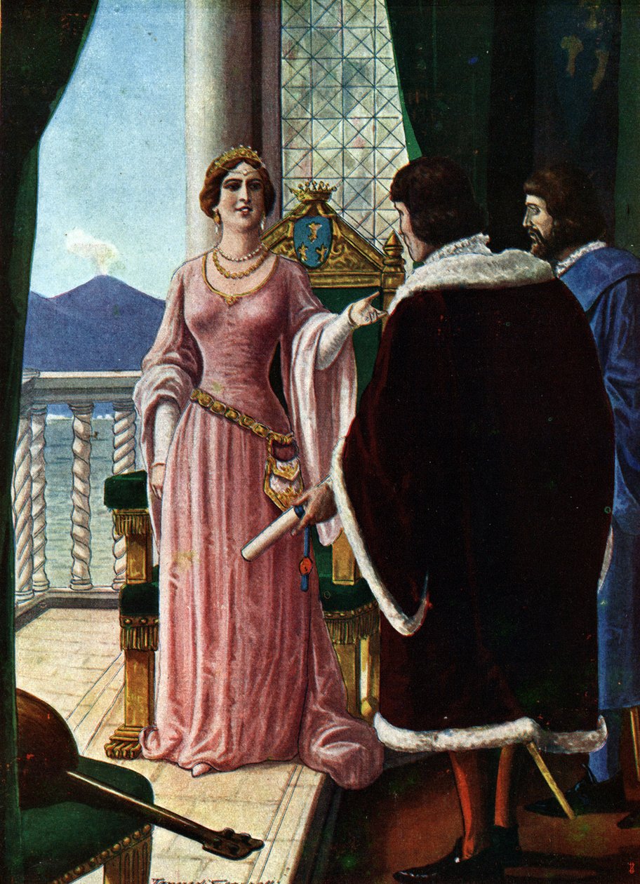 Neapolská královna Joanna II (Giovanna di Napoli nebo Anjou Durazzo) (1373-1435) navrhla svého adoptivního syna Ludvíka III. z Anjou (1403-1434) Ilustrace Tancredi Scarpelli (1866-1937) z „“ Sto od Tancredi Scarpelli