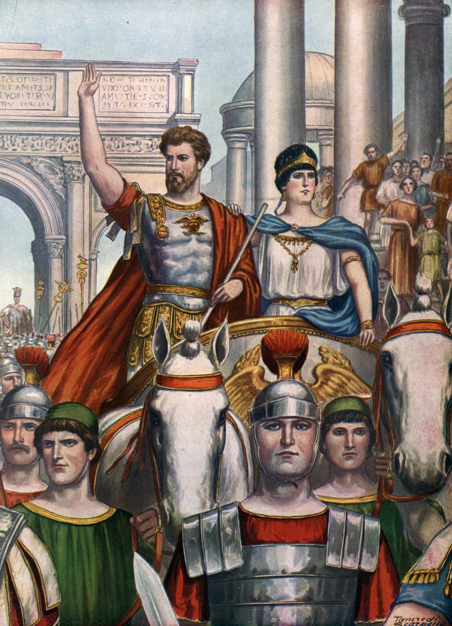 Římský starověk: Císař Septimius Severus (145-211) se vrací do Říma se svou ženou Julií Domnou (170-217) v roce 193 n. l.“ (římský císař Septimius Severus a jeho manželka Julia Domna vstupují do Říma od Tancredi Scarpelli