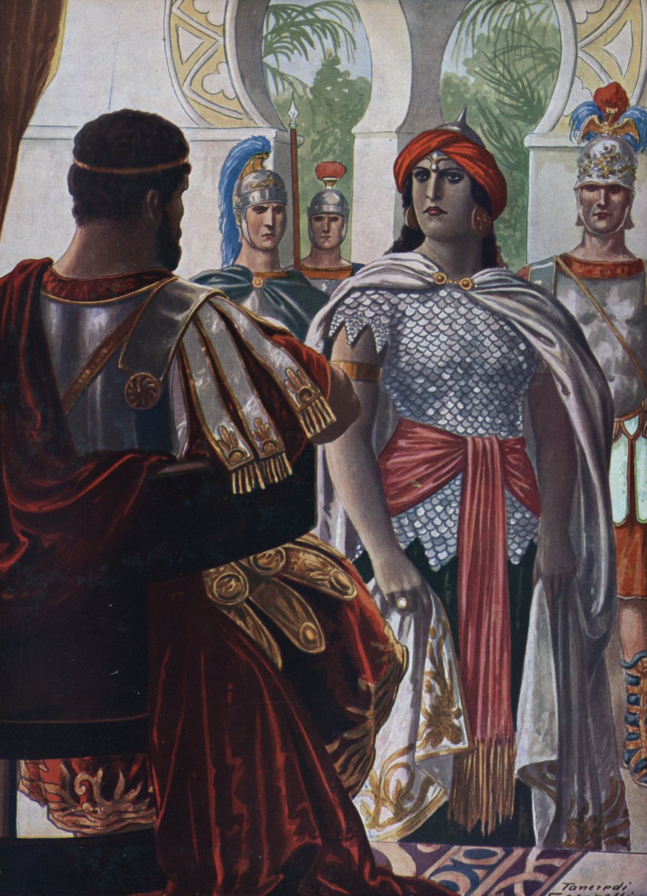 Římský starověk: Imperátor z Palmýry Septimia Bathzabbai Zenobie zajat římským císařem Aurelienem, 272”” (královna palmyrénské říše Zenobia vězeň římského císaře Aureliana, 272 n. l.) Ilustrace Tancredi Scarpelli (1866-19) pořízená od Tancredi Scarpelli