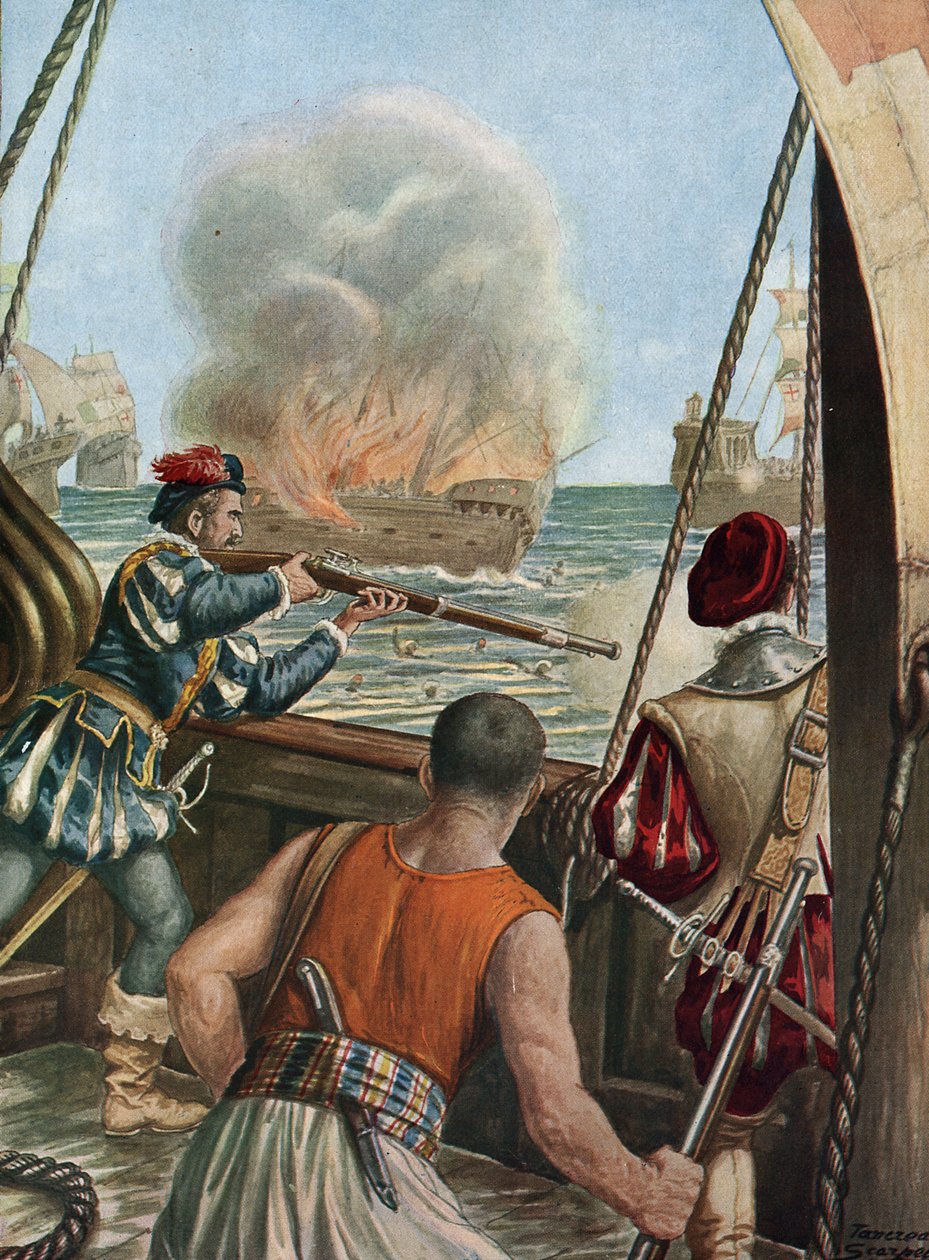 Druhá výprava do Indie (1502-1503) „“ Námořní bitva mezi portugalskou flotilou Vasco de Gama a flotilou Calicut, Portugalci vypálili muslimskou loď Miri nabíjející peleriny vracející se z Mekky, 3. 10. 1502““ (druhá plavba Vasco de Gama (1502-1503) od Tancredi Scarpelli