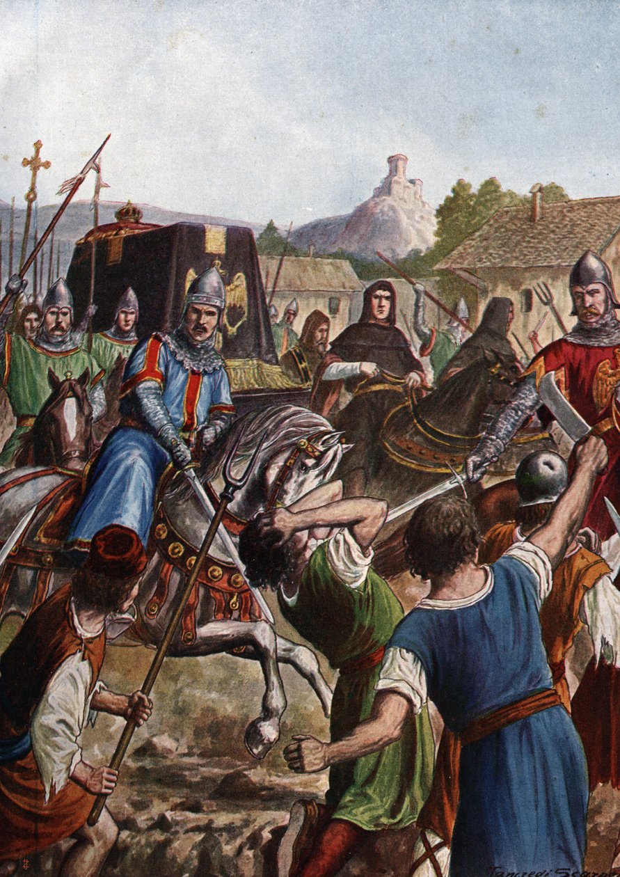 Pohřební průvod císaře Ottona (Othona) III. ze Svaté říše (980-1002) odváží ostatky Itálií směrem k Cáchám bojujícím při průchodu proti vzbouřenému obyvatelstvu (rakev Otty III., císaře Svaté říše římské, procházející davy Itálie od Tancredi Scarpelli