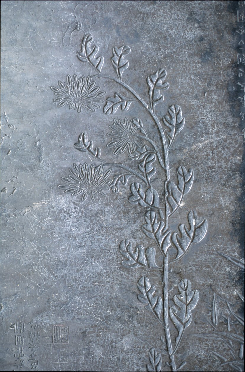 Stéla s vyrytým krisantémem, květy a listy, 618-907 (kámen) od Tang Dynasty Chinese School