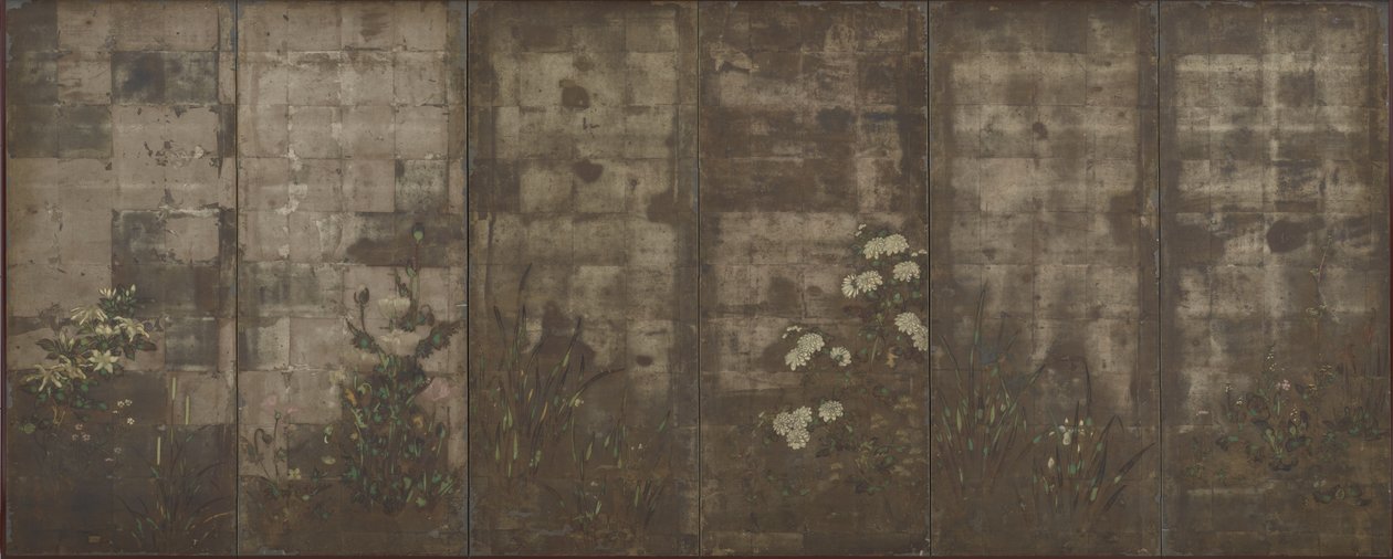 Květiny ročních období, Obrazovky (šestipanelové), 1600-30 (barva přes stříbro na papíře) od Tawaraya Sotatsu