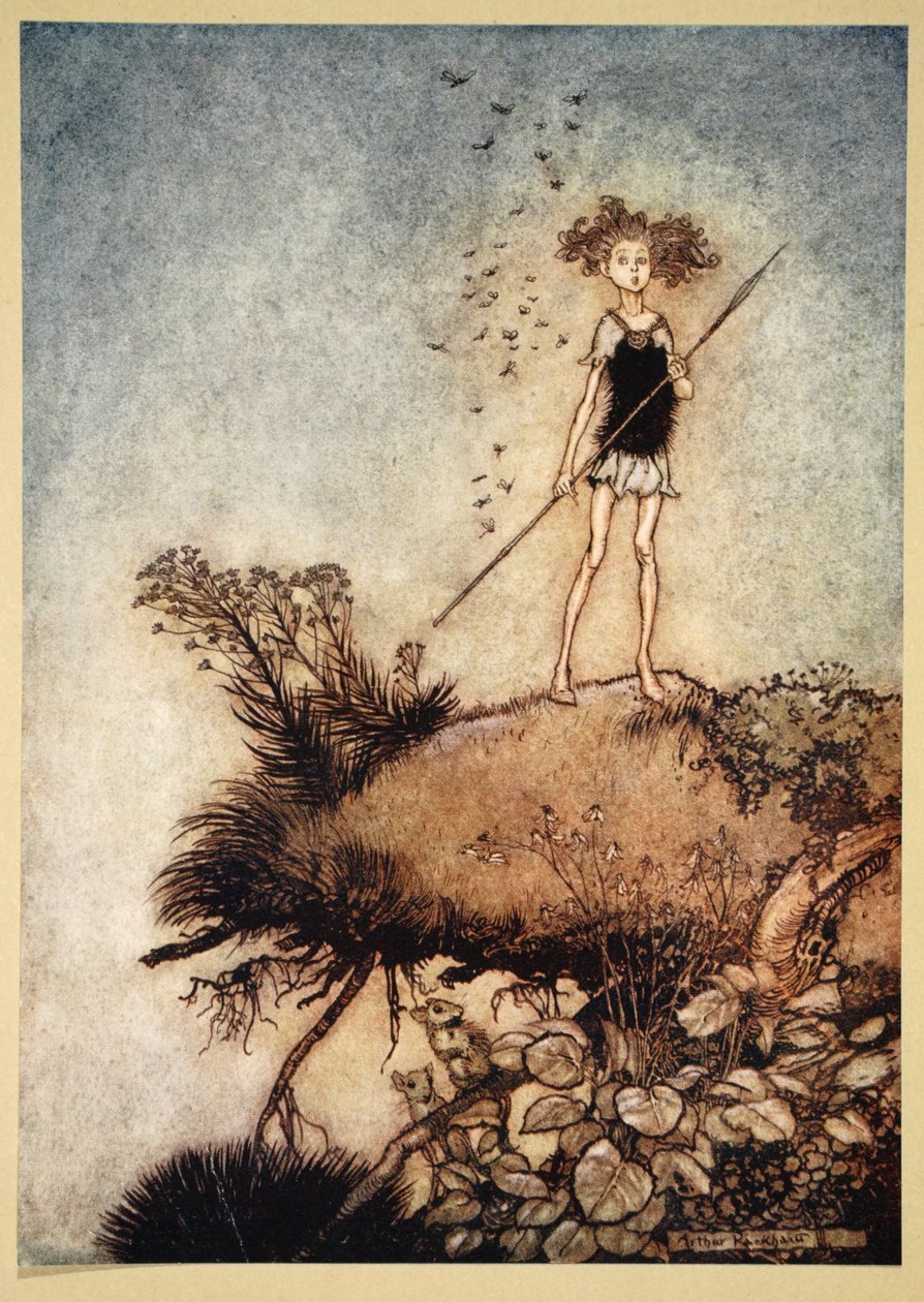 Jeden hlídač ve stoje, ilustrace ze „Snu nocí svatojánských“ od Williama Shakespeara, 1908 od Tawaraya Sotatsu