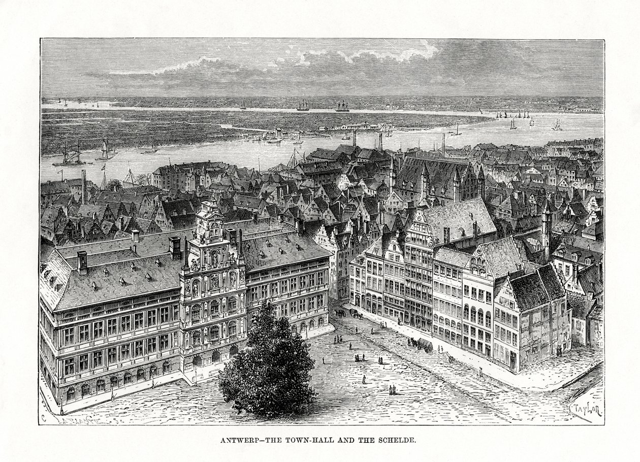 Radnice a řeka Schelde, Antverpy, Belgie, 1879 od Taylor