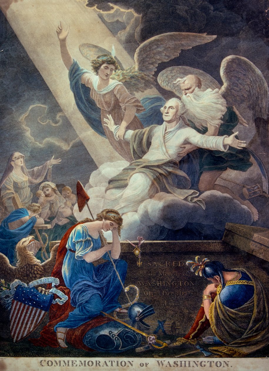 Barevná rytina slávy pro George Washingtona vyzdviženého k nebi časem a nesmrtelností, vyryto ve Filadelfii, asi 1799 (rytina) (foto) od Ted Spiegel