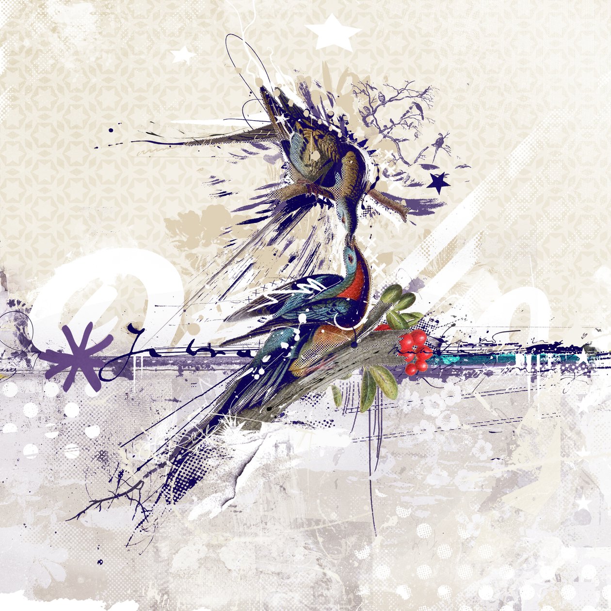 Cherry Blossom Birds, 2018 (kollaasi kankaalle) od Teis Albers