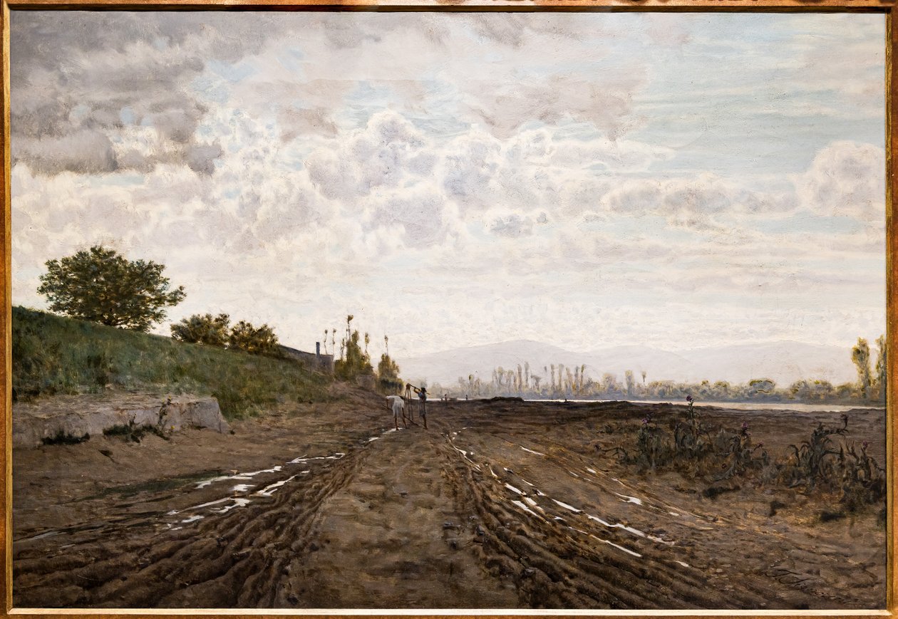 Ráno podél řeky Arno. Kopači písku podél řeky Arno, kolem roku 1868 (olej na plátně) od Telemaco Signorini