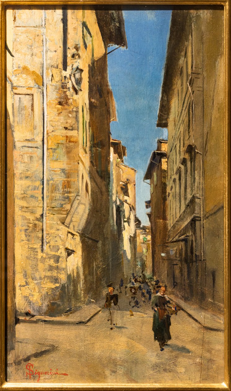 Částečný pohled na ulici v historickém centru Florencie, c.1880 (olej na panelu) od Telemaco Signorini