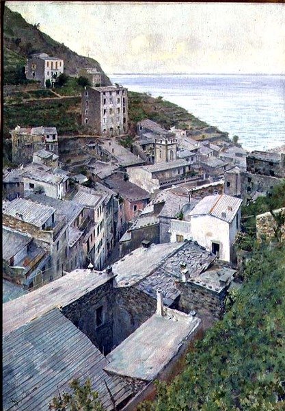 Střechy v Riomaggiore (olej na plátně) od Telemaco Signorini