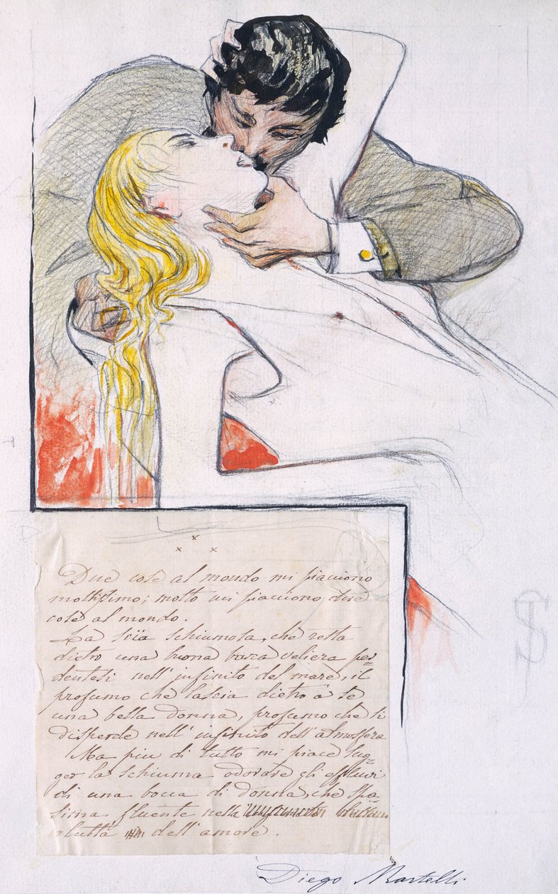 Polibek, Telemaco Signorini (1835-1901) (kresba) od Telemaco Signorini