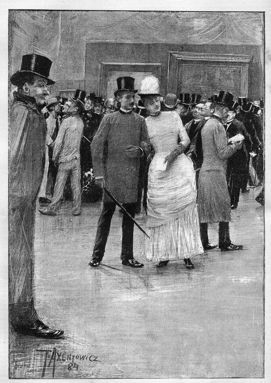 Návštěvníci výstavy kreseb Ecole Moderne na Ecole des Beaux Arts v Paříži. Kresba pana Axentowicze. Gravírování do „“The Illustrated World““ od Teodor Axentowicz