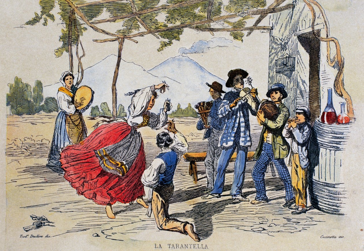 Neapolská tarantella, rytina podle kresby Teodora Duclereho (1814-1869), Itálie od Teodoro Duclere