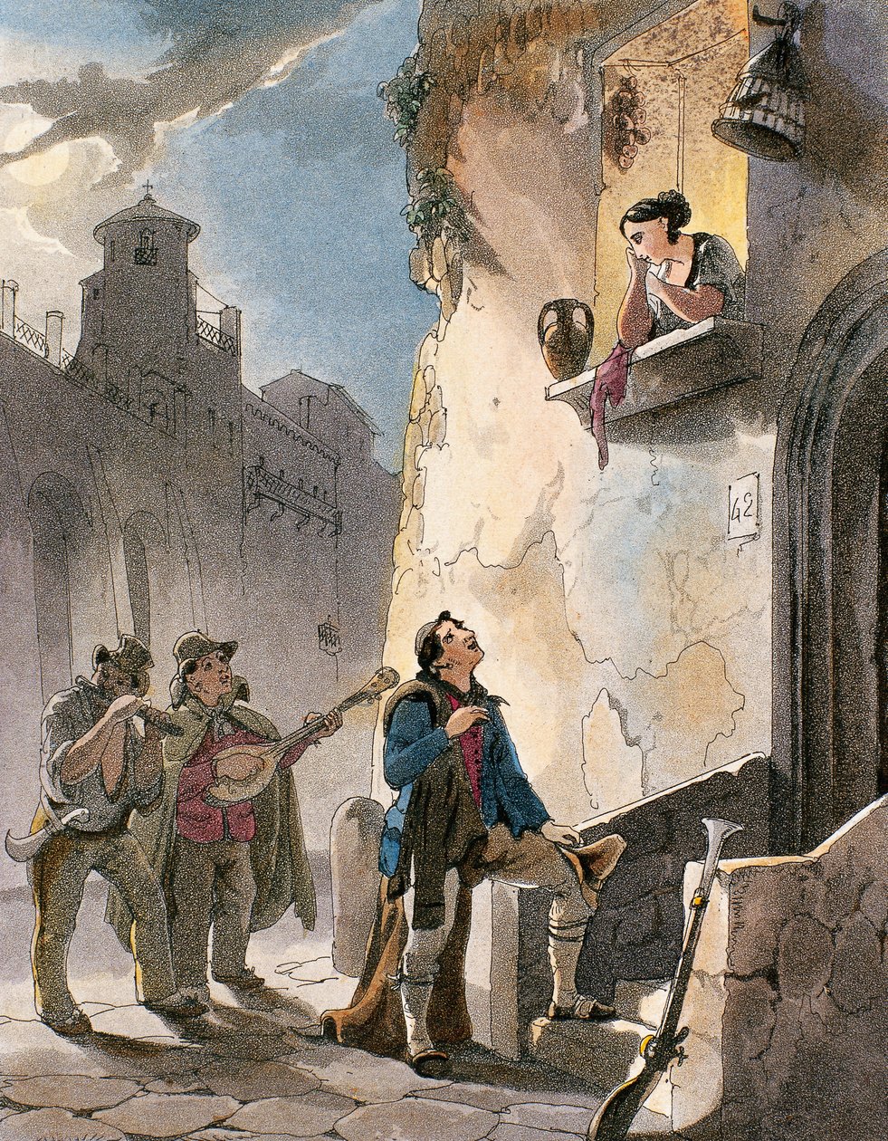 Serenáda, ilustrace z Kostýmů a populárních scén Neapole od Achille Vianelliho, kolem roku 1830 (akvatinta) od Teodoro Guglielmo Witting