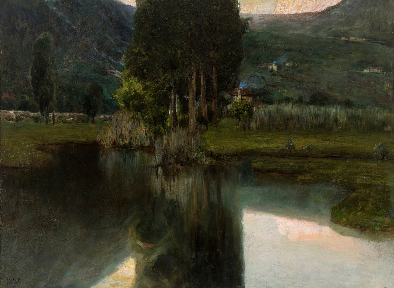 Jezero s cypřiši a domy, 1923. od Teodoro Wolf Ferrari