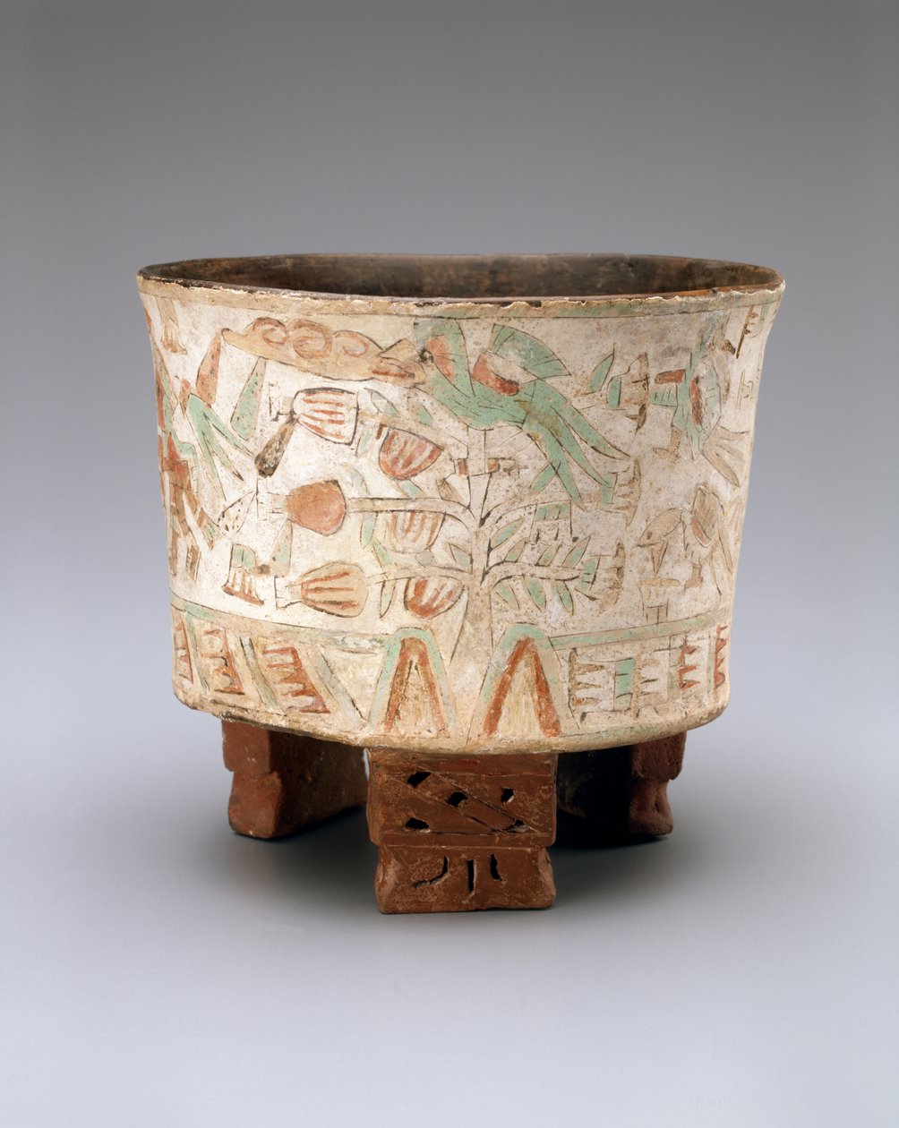 Váza na trojnožce se dvěma dmychadly a ptáky Quetzal v kakaovníku, pozdní Xolalpan, 550-650 (keramika s malovanou štukou) od Teotihuacan Teotihuacan