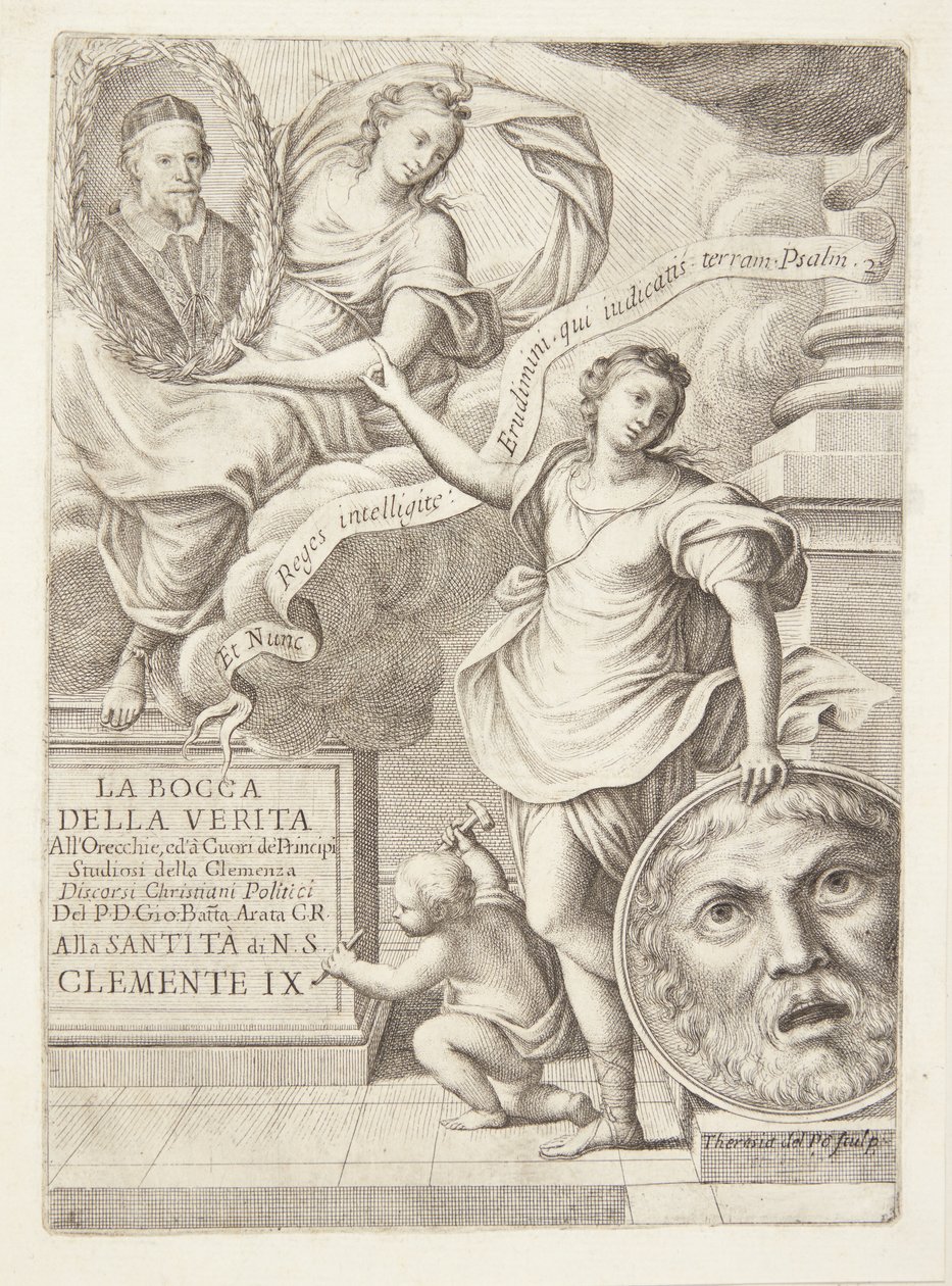 La Bocca della Verita. Titulní viněta s portrétem papeže Klementa IX od Teresa del Pò