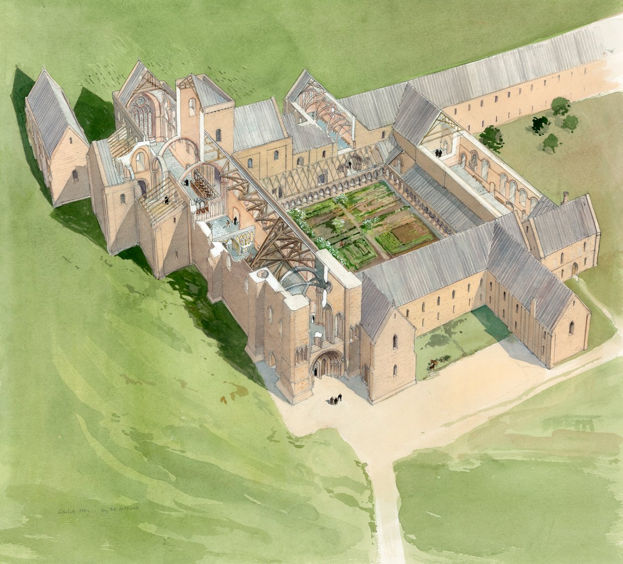 Letecký pohled na Lilleshall Abbey, cca konec 15. století, c1990-2010 od Terry Ball