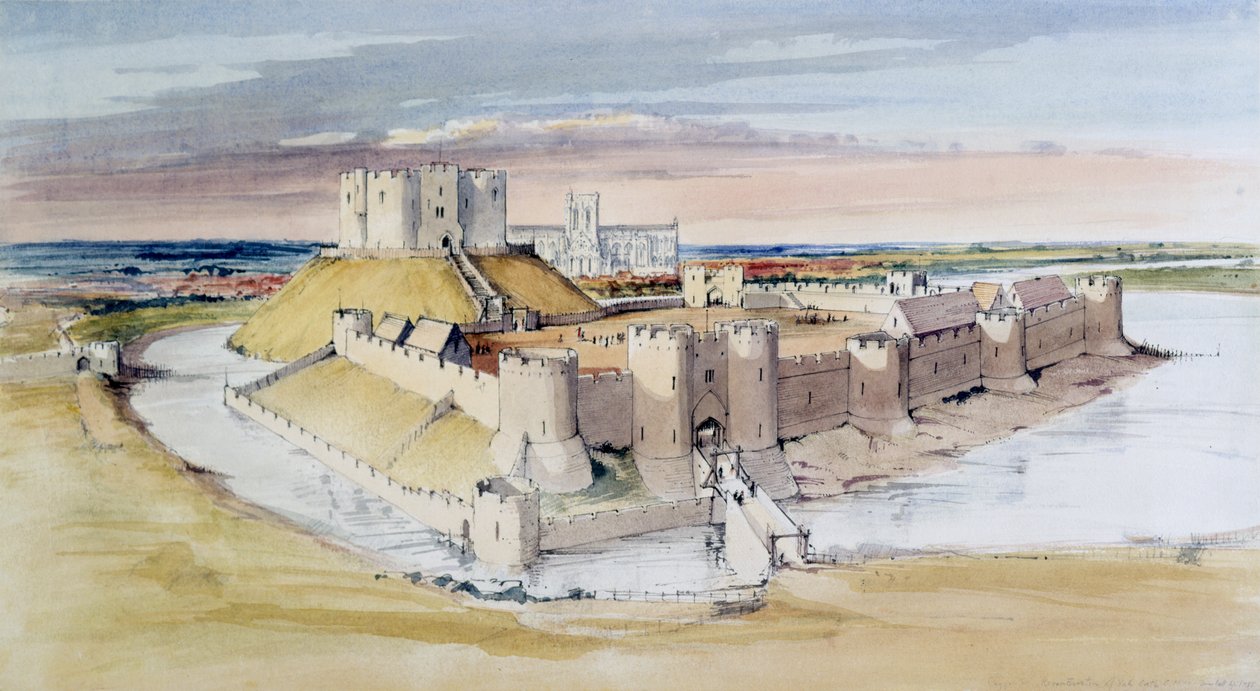 Ilustrace hradu York, Severní Yorkshire, jak to mohlo být na konci 13. století, 1985 od Terry Ball