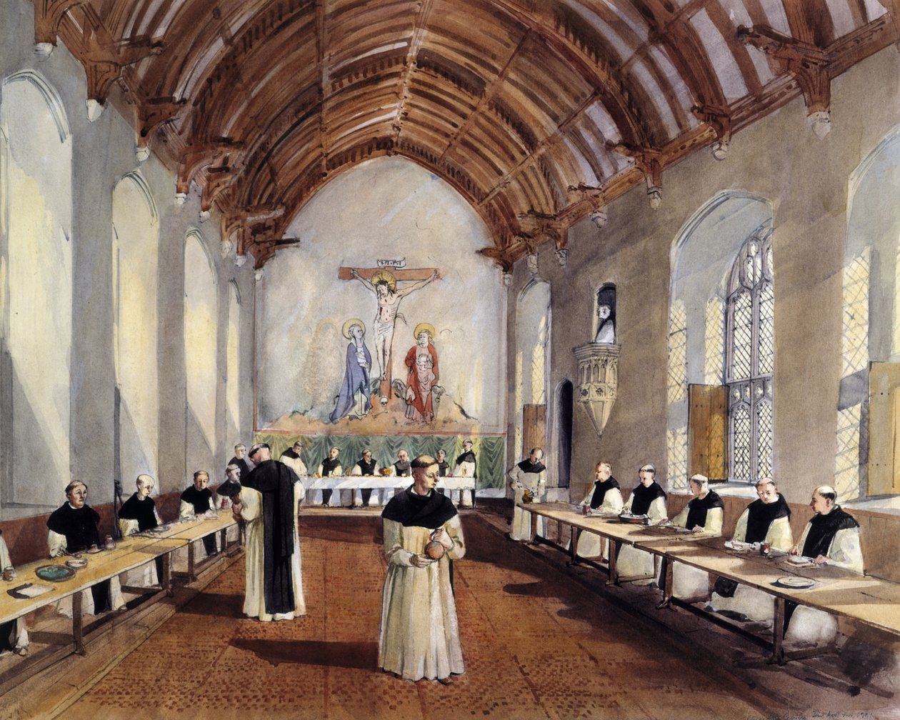 Rekonstrukční výkres refektáře cisterciáckého kláštera Cleeve Abbey, 1991 od Terry Ball