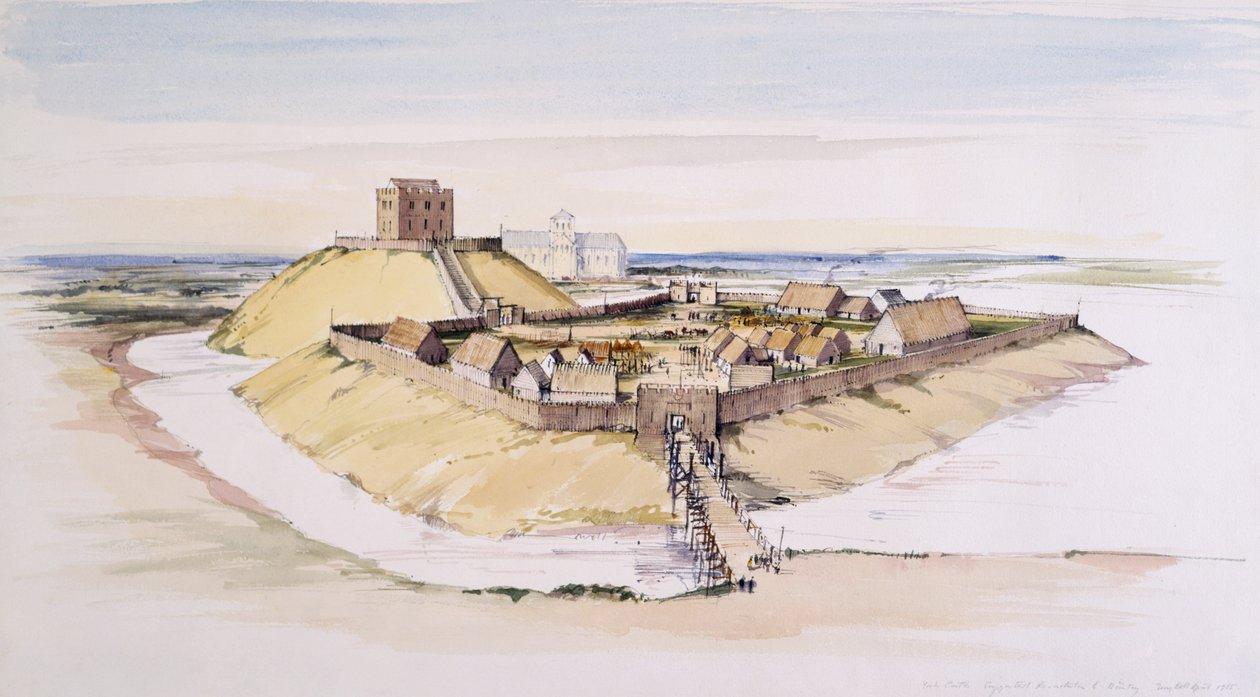 Hrad York, jak mohl vypadat krátce po výstavbě, s katedrálou poté, 1985 od Terry Ball