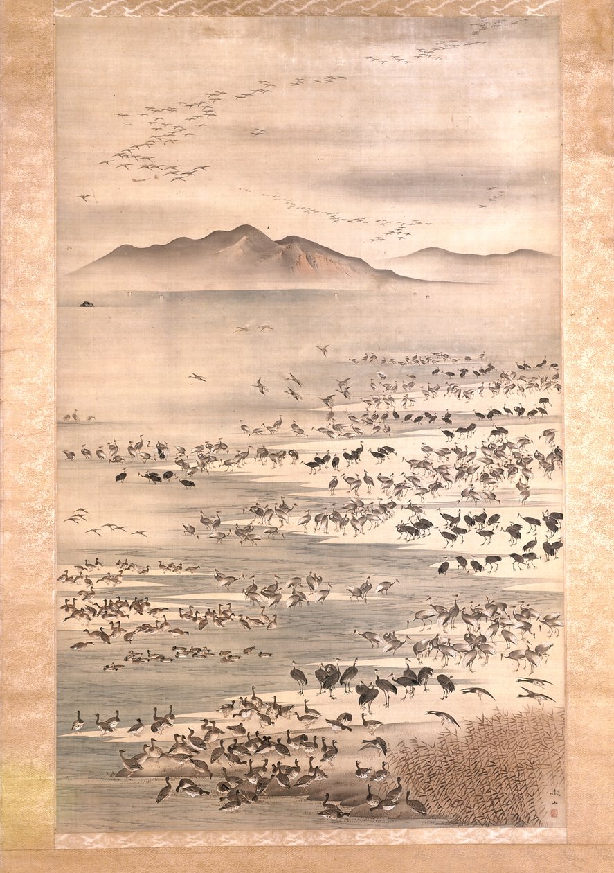 Myriad Of Aquatic Birds (inkoust a barva na hedvábí) od Tetsuzan Mori