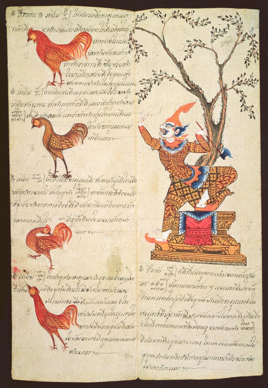 CBL Thi 1302 Dvě stránky ilustrující Rok kohouta, z věštecké příručky, kolem roku 1840 (pero, inkoust a kvaš na papíře khoi) od Thai School