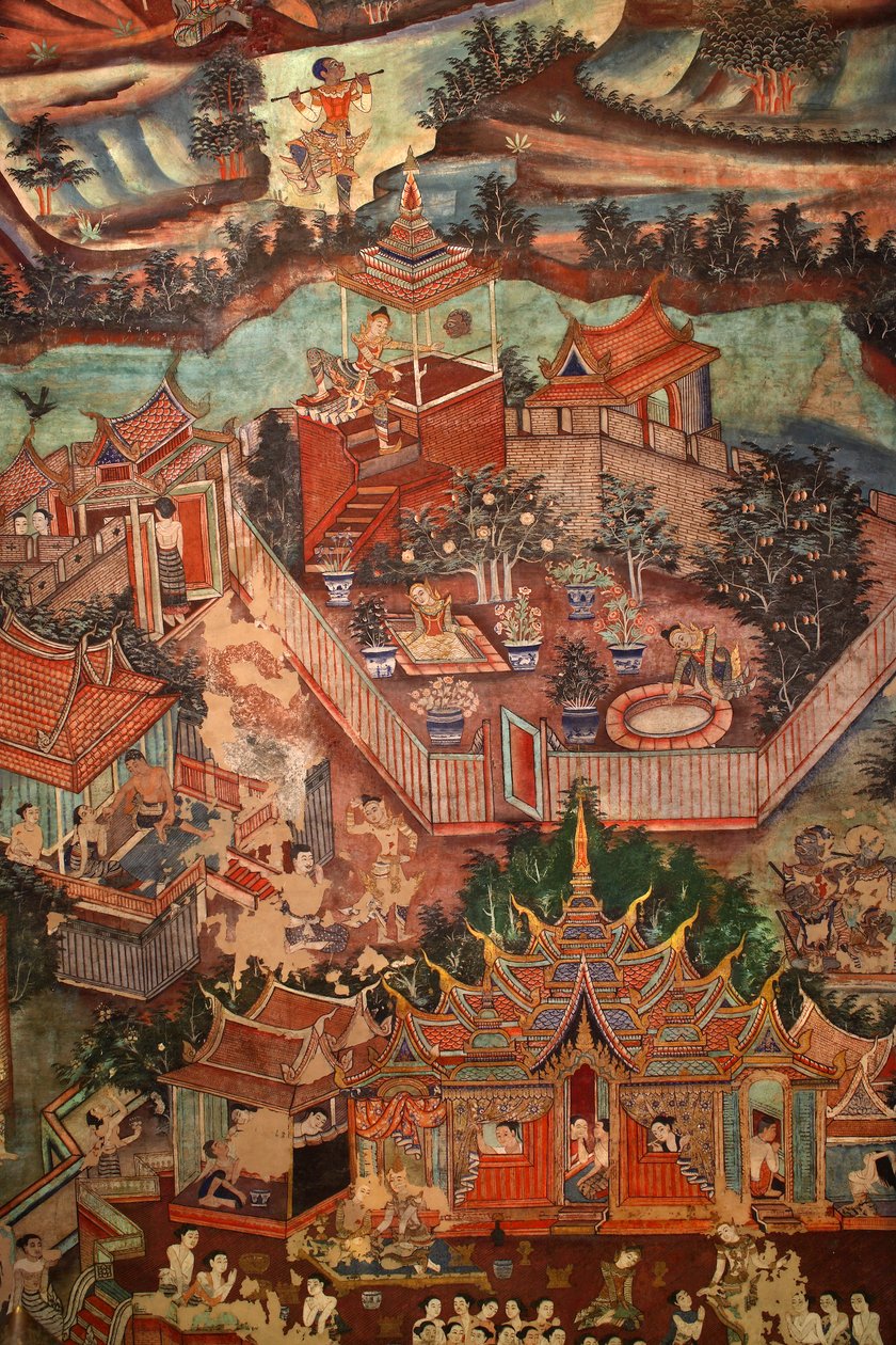 Detail nástěnných maleb Viharn laikam zobrazujících příběhy Sang Thong Tales od Thai School
