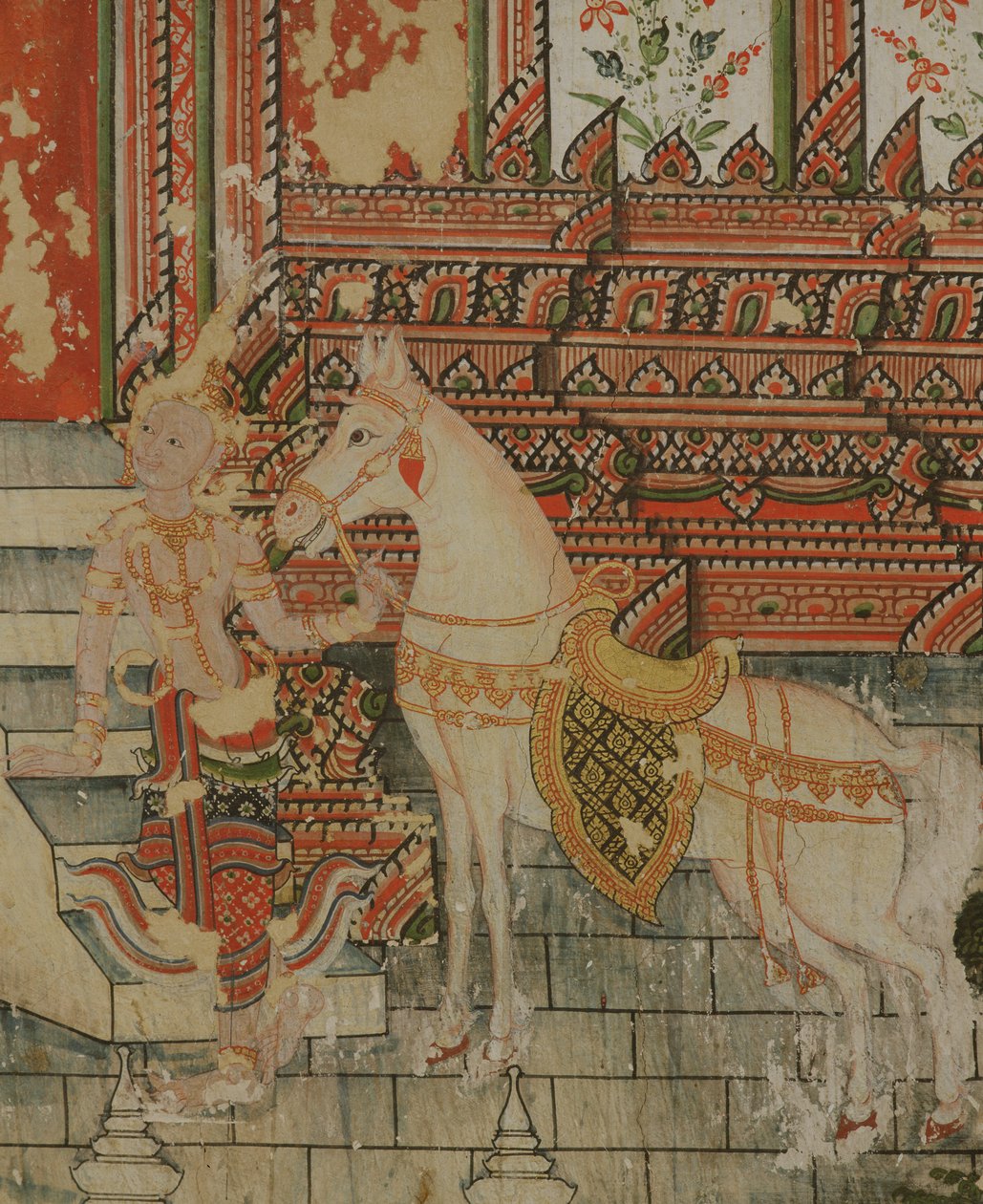 Život Buddhy, detail nadpřirozené bytosti držící koně, Wat Suwannaram, Thonburi, 1831 od Thai School
