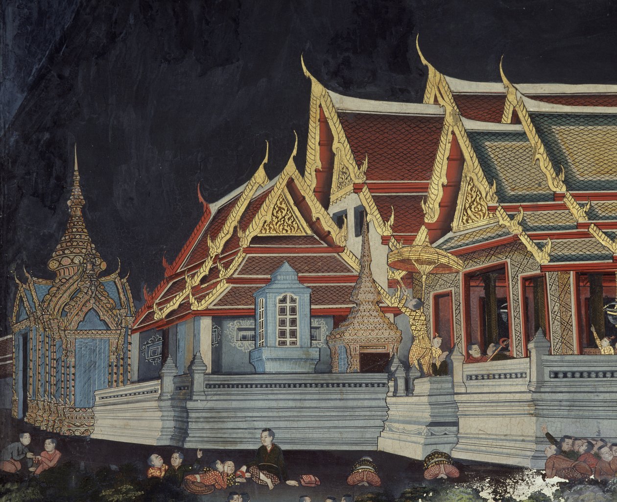 Detail krále Mongkuta, který sleduje zatmění slunce (nástěnná malba) od Thai School
