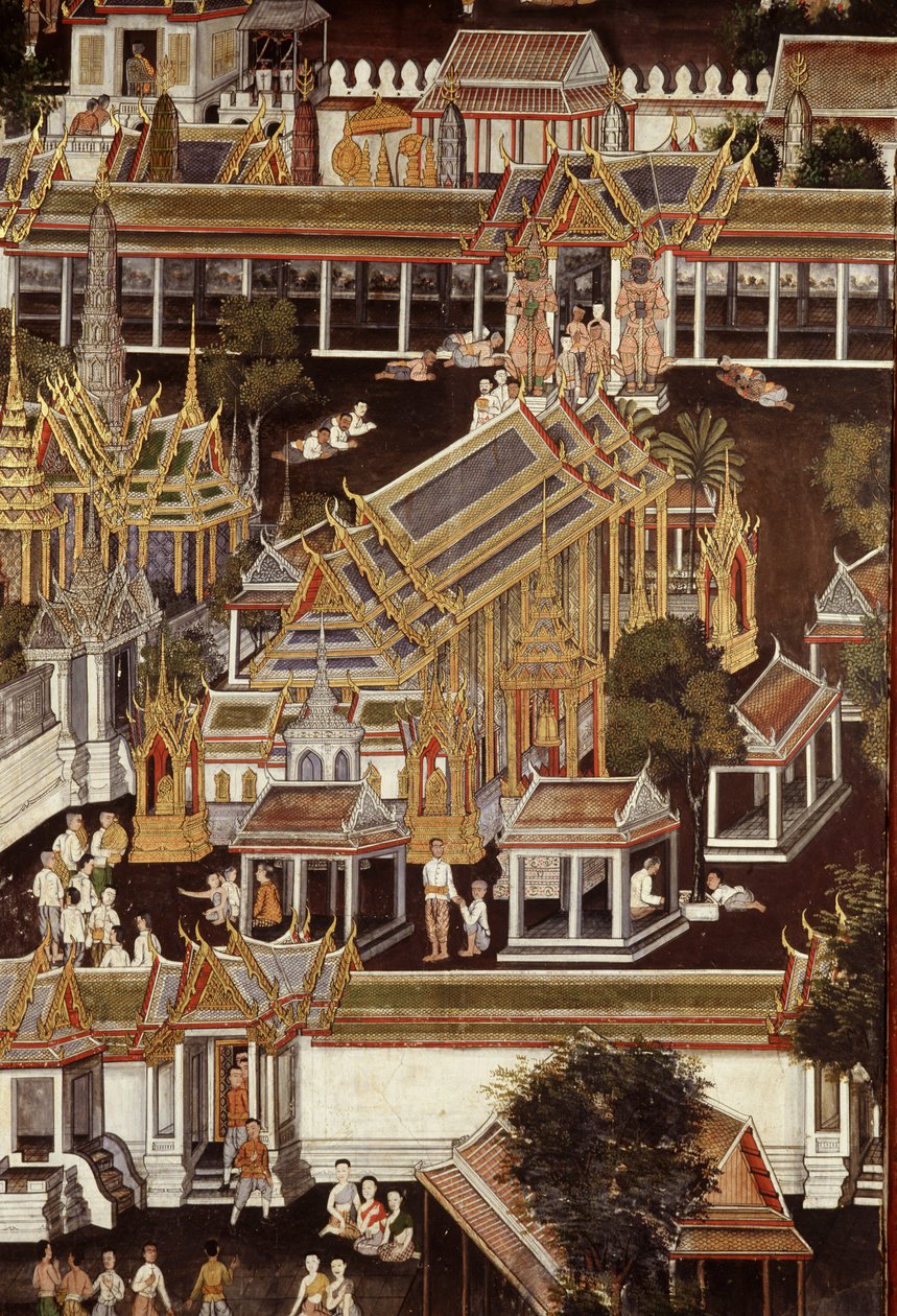 Detail nástěnné malby zobrazující chrám smaragdového Buddhy (nástěnná malba) od Thai School