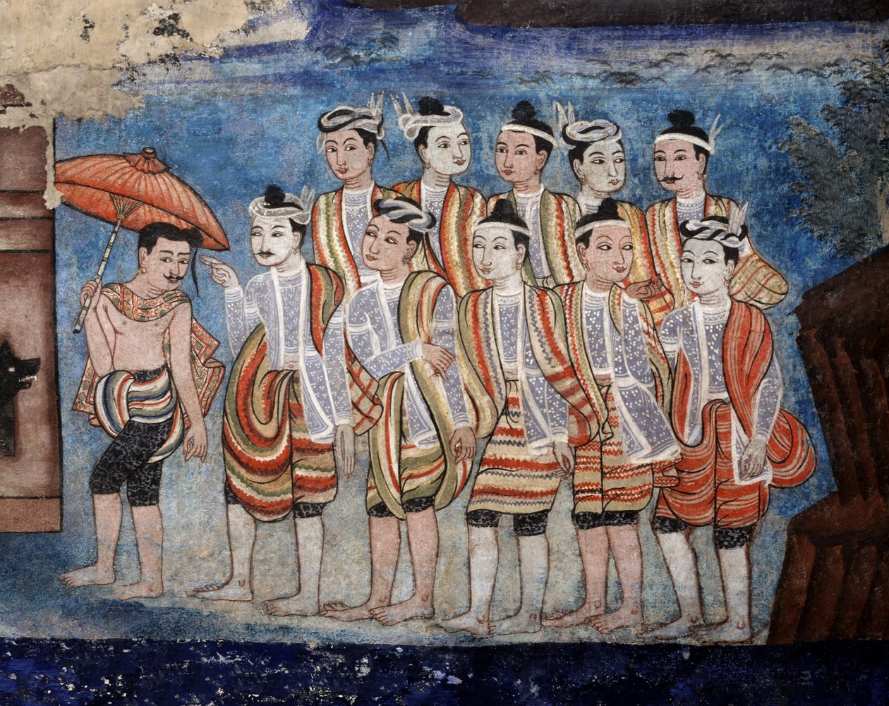 Skupina thajských yai (Shan) mužů, detail nástěnných maleb Viharn laikam zobrazujících příběhy Sang Thong (nástěnná malba) od Thai School