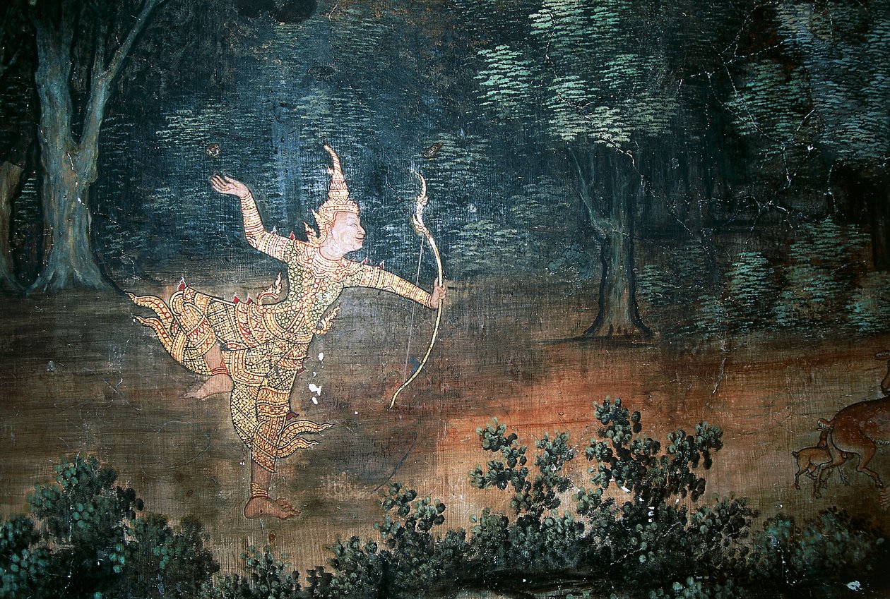 Apsara, nástěnné malby s výjevy ze života Buddhy, Wat Suwan Dararam, Ayutthaya Historical Park (Seznam světového dědictví UNESCO od Thai School