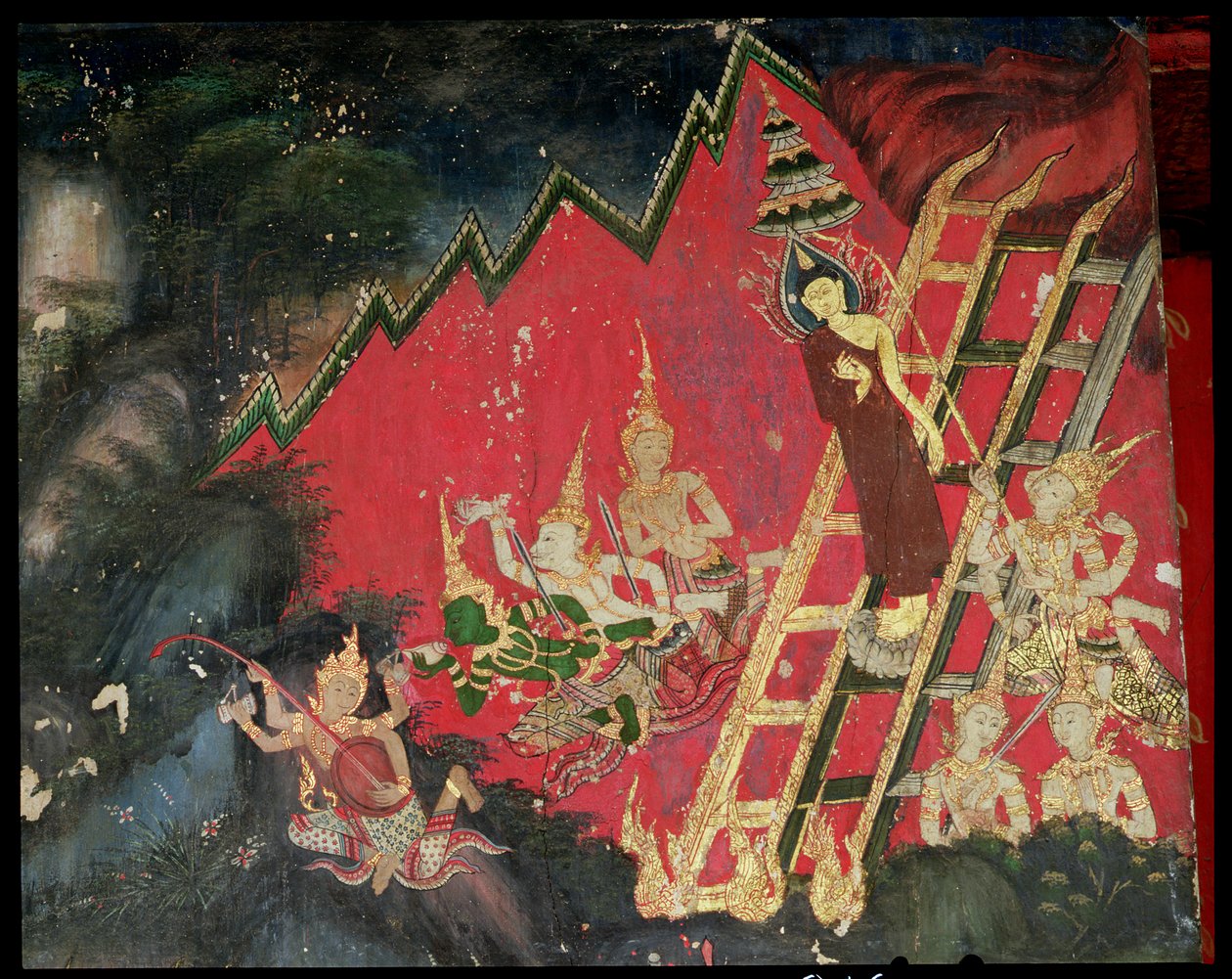Buddha sestupující z nebe (nástěnná malba) od Thai School