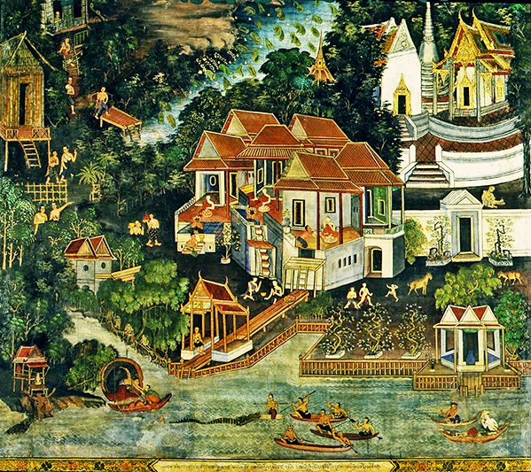 Lov na krokodýl, Wirharn Sasada, Wat Bowonniwet Vihara, Bangkok (freska) od Thai School