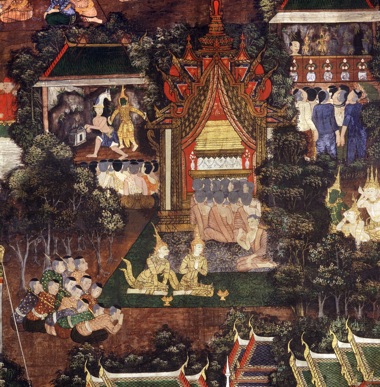 Dav sledující divadelní a loutková představení u příležitosti Buddhova pohřbu, detail z obrazu Buddhova smrt (malované plátno) od Thai School