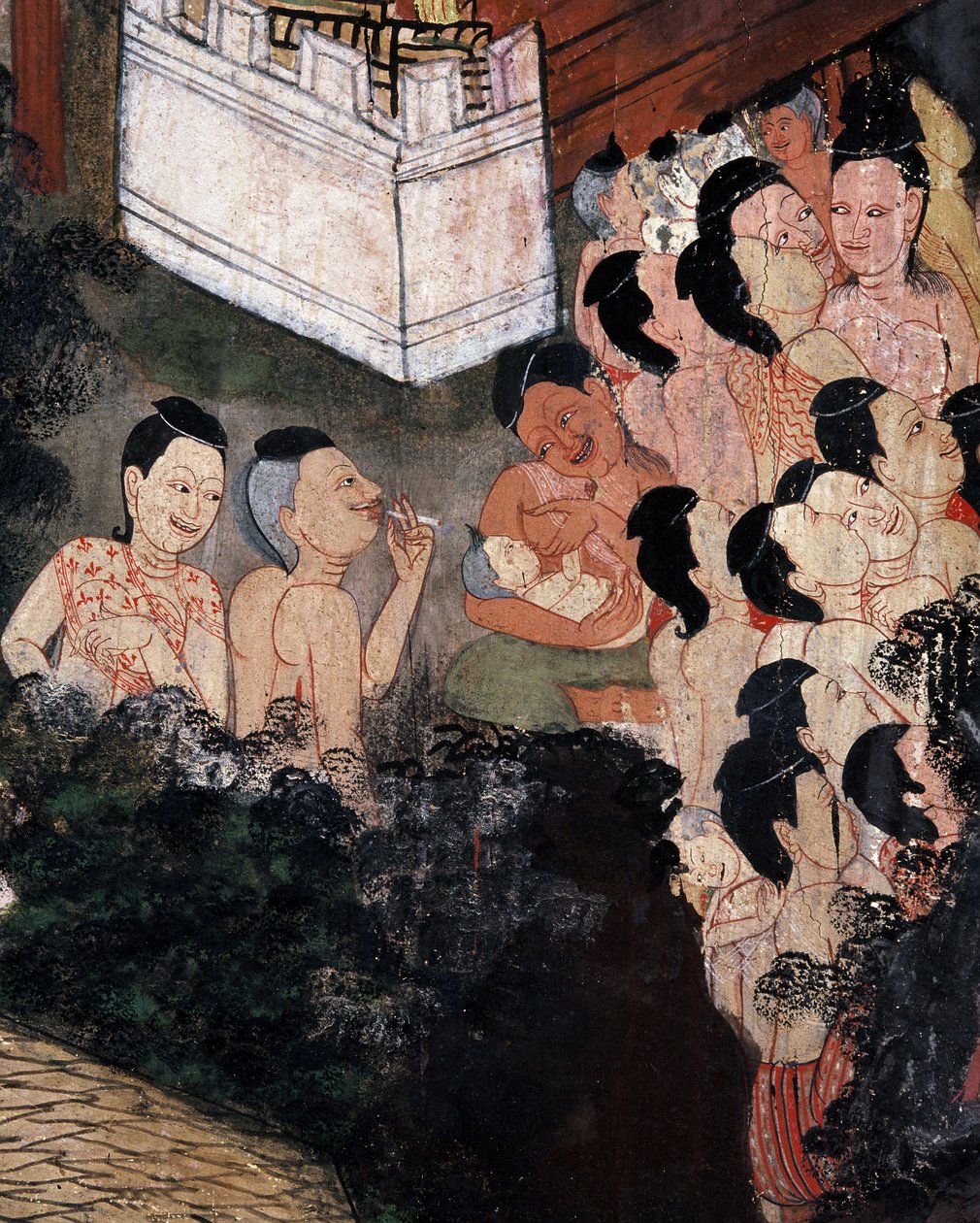 Dav sledující divadelní představení na pohřbu (nástěnná malba) od Thai School