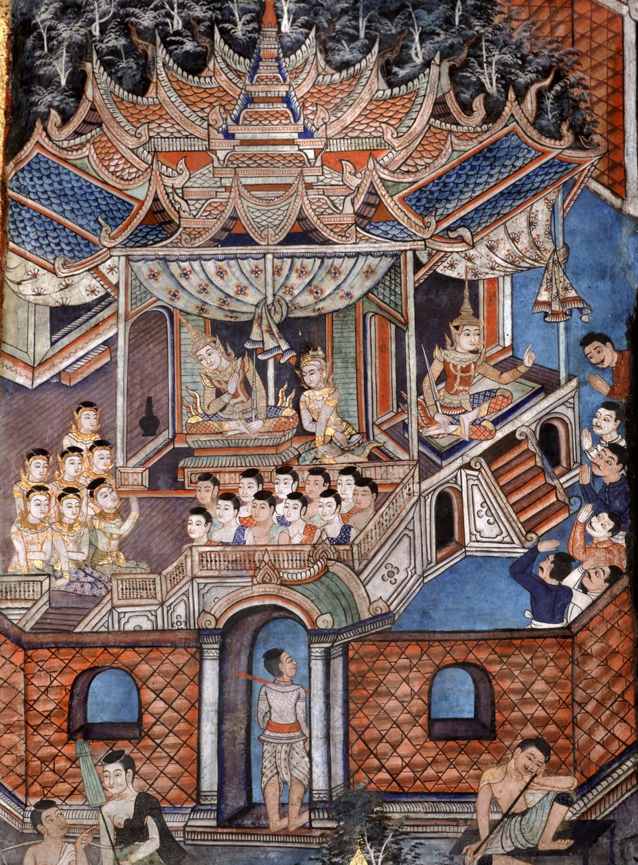 Detail nástěnných maleb Viharn laikam zobrazujících příběhy Sang Thong (nástěnná malba) od Thai School