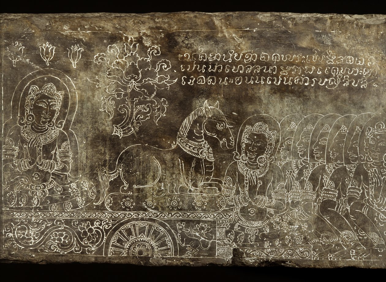 Rytá kamenná deska s vyobrazením příběhu Bhojajania Jataka z Wat Si Chum, Sukhothai, 14.-15. století. od Thai School