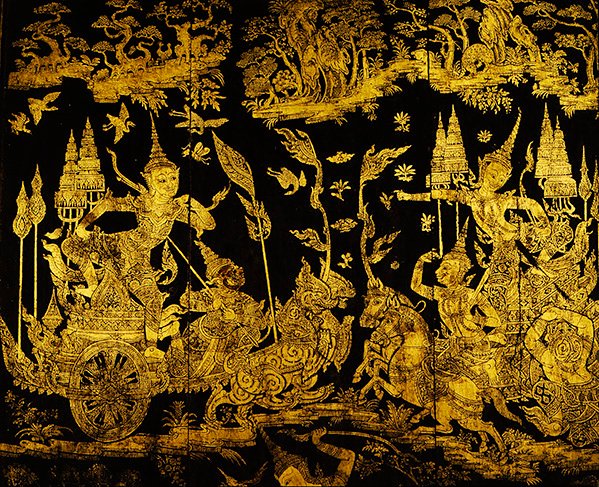 Epizoda z Ramakien, detail obrazovky (zlato a lak) od Thai School
