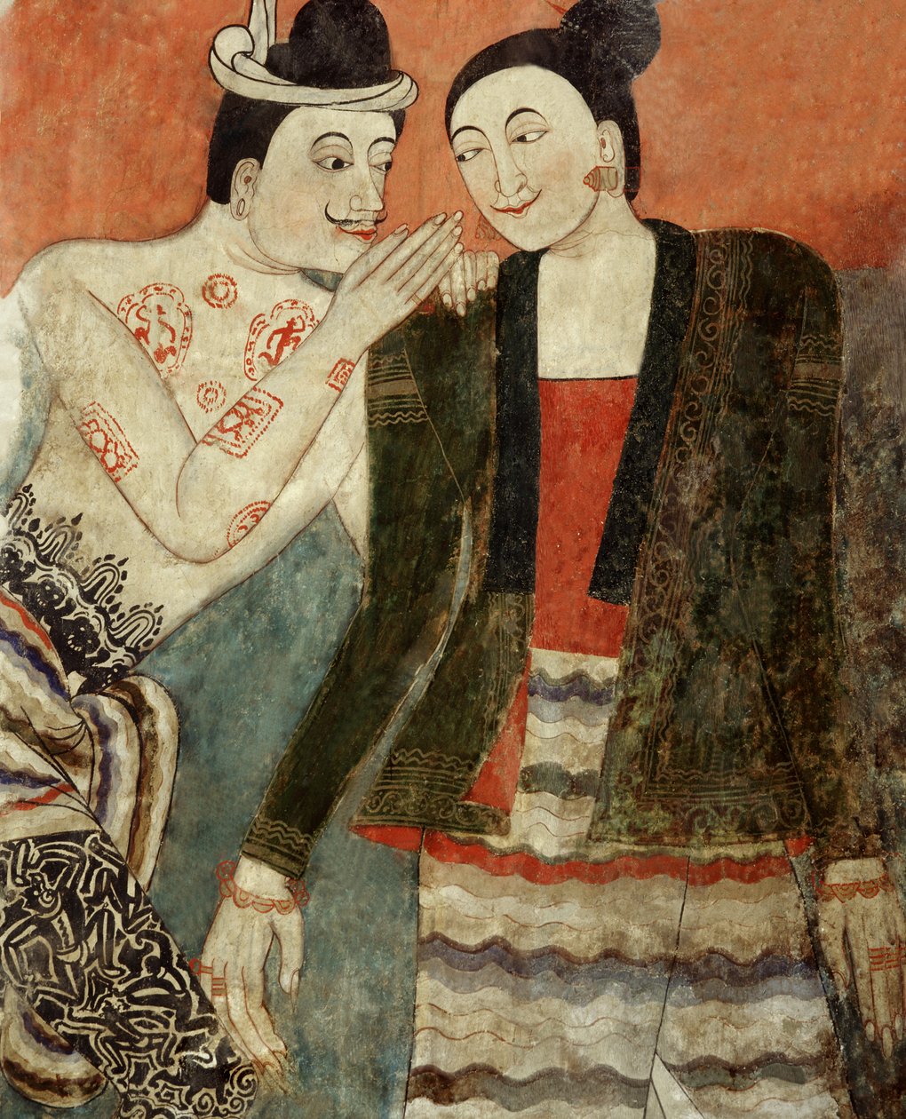 Milenci, detail z nástěnné malby ve Wat Phumin (nástěnná malba) od Thai School