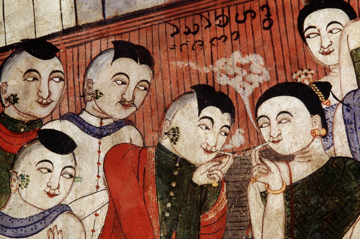Milenci kouří, detail z nástěnné malby ve Wat Phumin (nástěnná malba) od Thai School