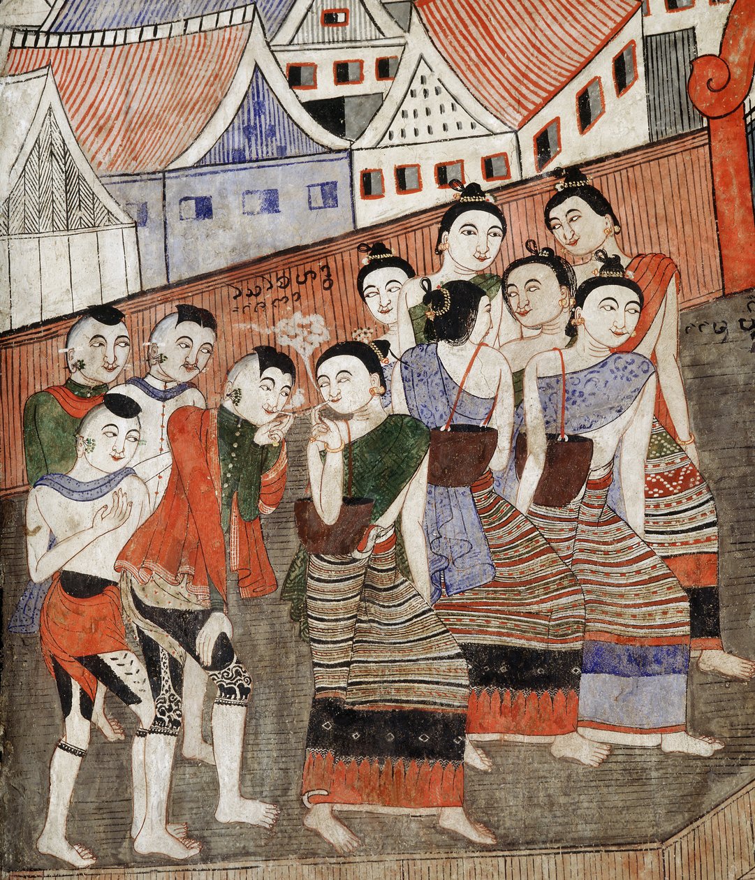 Milenci kouří, detail z nástěnné malby ve Wat Phumin (nástěnná malba) od Thai School